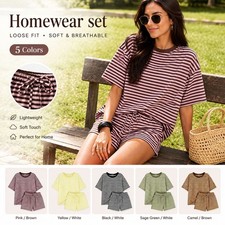 2Pcs/Set Women Striped Loungewear Casual Drawstring Shorts Summer Comfy Outfit