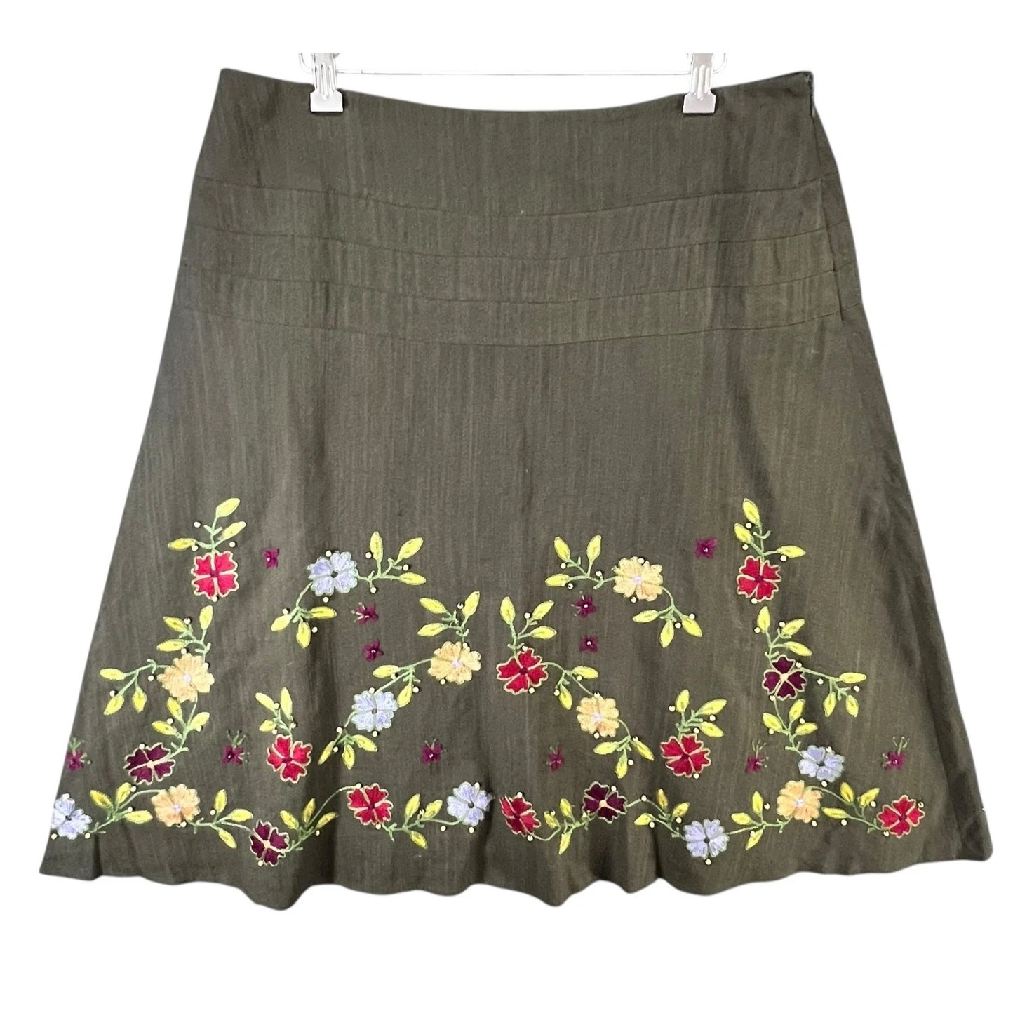 Due Per Due A Line Skirt 12 Olive Green Linen Blend Embroidered Beaded Cottage