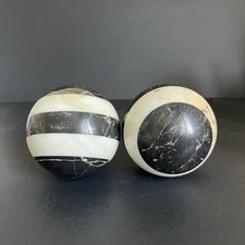 Set of 2 Carpet Balls Marble Granite Spheres Orbs Black White Striped Vintage