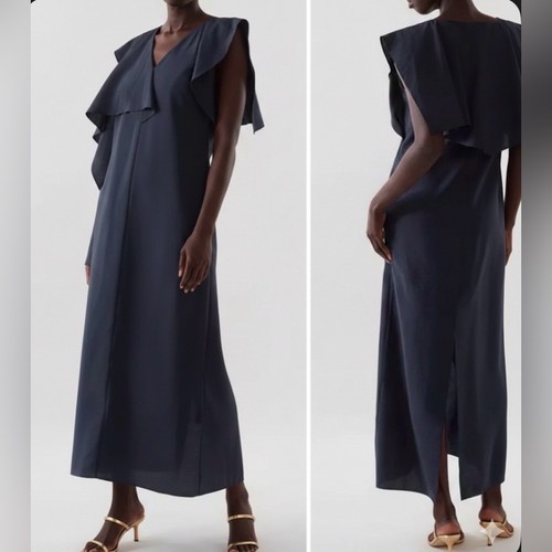 COS - women’s Asymmetric V- neck Maxi dress navy blue Ruffle neckline SZ 10 / 42
