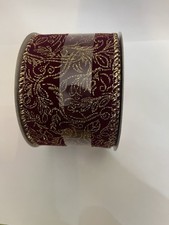2 1/2  X 20ft Wired Ribbon. VELVET  Burgundy And Gold Christmas Winter