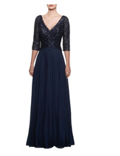 LA FEMME CHIFFON  SEQUIN A-LINE NAVY GOWN DRESS sz 8
