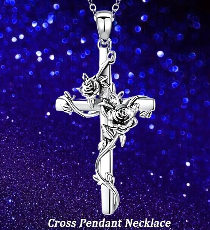 Fashion Silver Color Rose Floral Flower Cross Pendant Necklace Gift ...