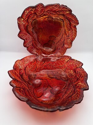 Vintage Set of 2 Ruby Red Indiana Flash Glass Logan Berry and Leaves Bowls