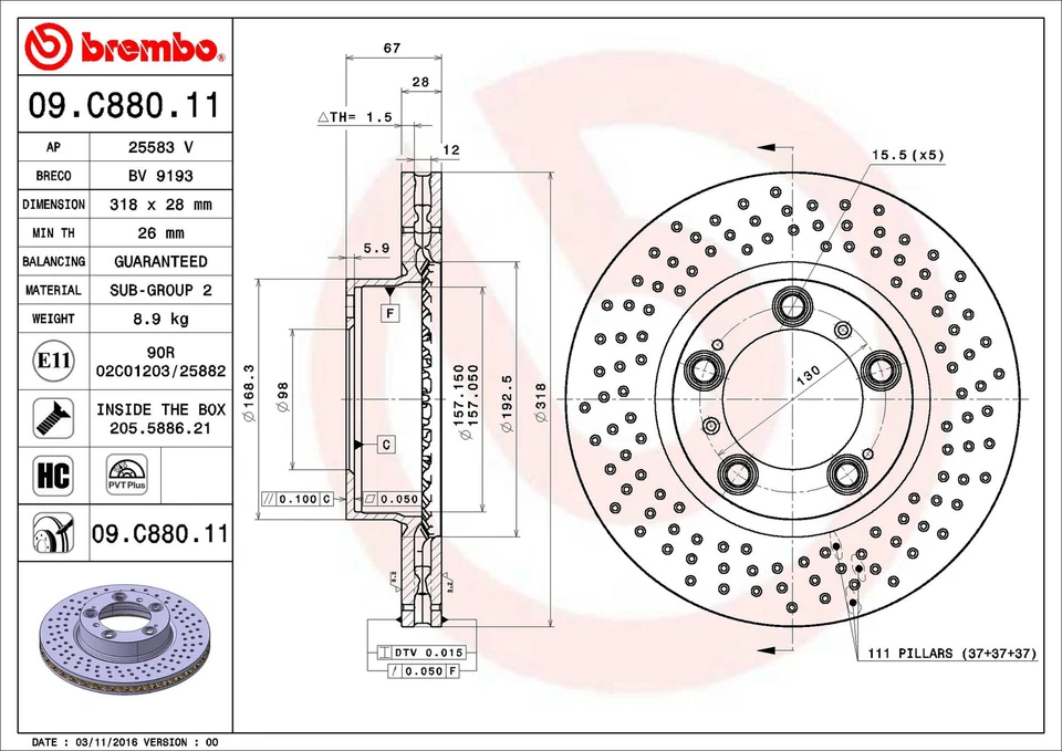 Rotor de freno de disco delantero Brembo 09.C880.11 318 mm para Porsche Cayman 2006-2012 Foto 2 de 3