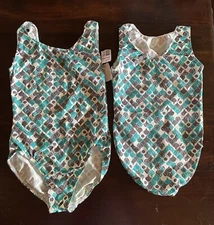 NWT Motionwear Geometric Print TEAL Gymnastics Leotard Adult Medium Retail $38