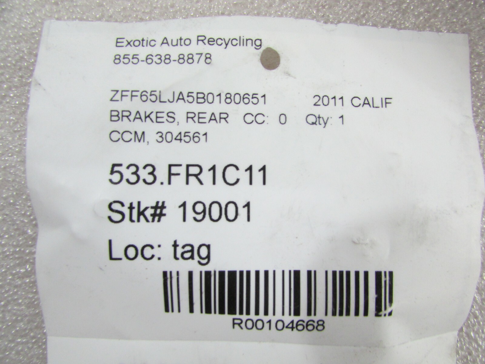 Ferrari California, 458 Italia, Rear CCM Carbon Brake Rotor, Used, P/N 304561