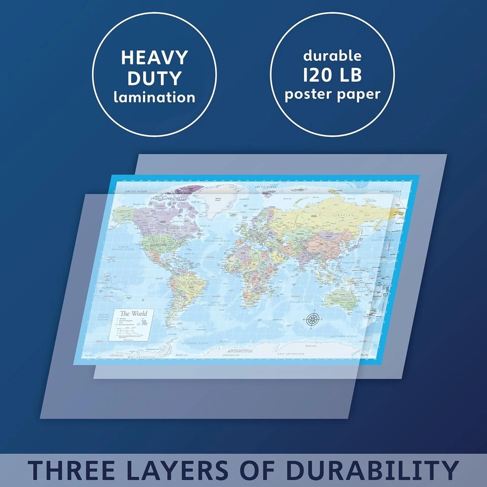 Paquete de 2 - Mapa del mundo laminado y conjunto de carteles de mapa de Estados Unidos - Mapa de gráfico de pared del mundo Foto 2 de 4