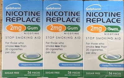 24x Packungen à 36 Galpharm Nikotinkaugummi 2mg (864 insgesamt) zuckerfrei Pfefferminz Stop