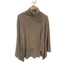 Vintage DE TAILLE One Size Beige Linen Blend Tunic Turtle Neck Sweater Poncho