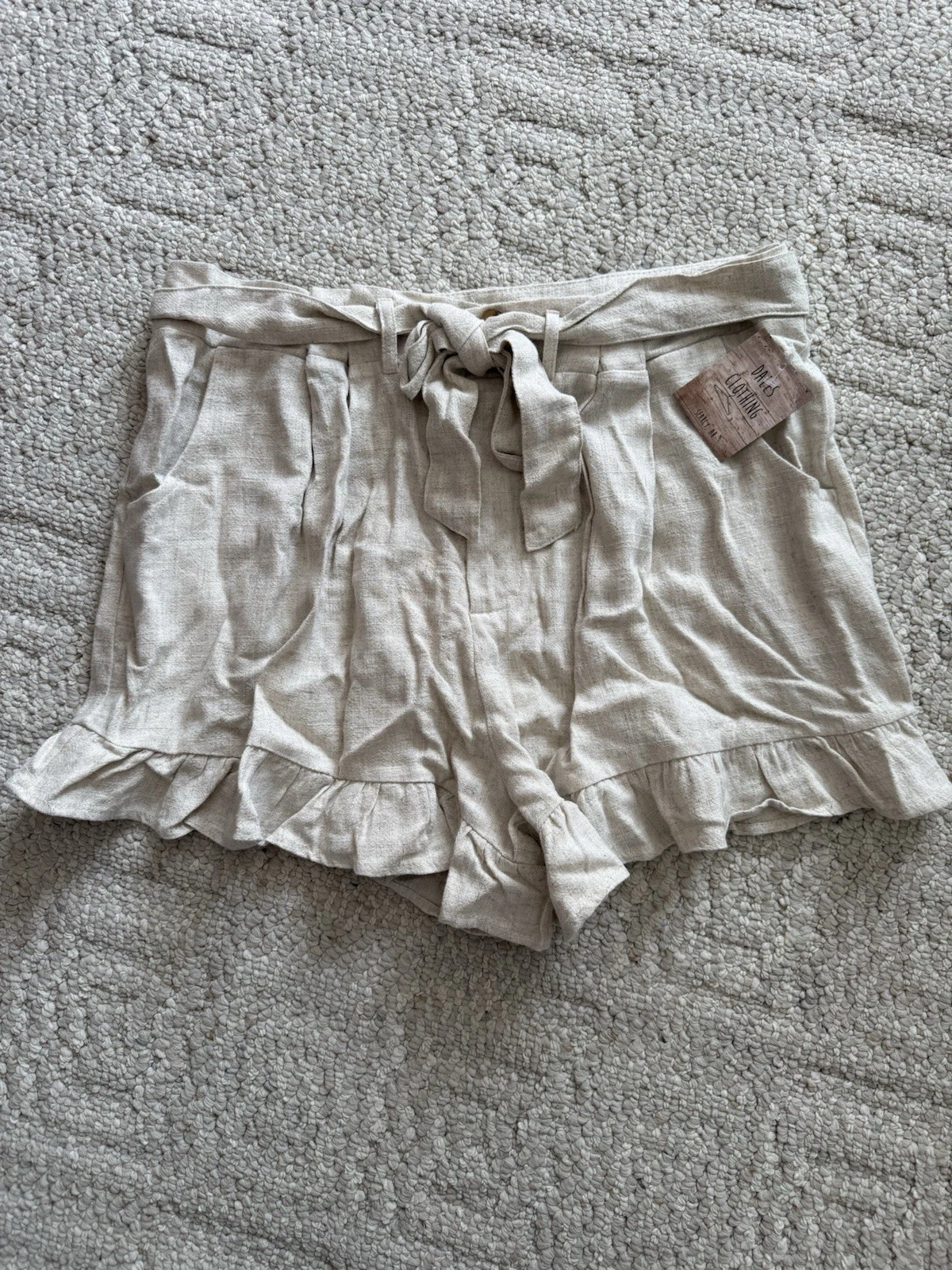 Umgee Shorts Womens Large Beige Linen Blend Drawstring Frayed Hem Casual Preppy