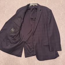Jos A Bank Traveler Mens 46R Tailored Fit 100 Wool Plaid Blazer Navy Blue