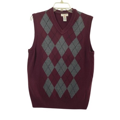Mens Small Argyle V-Neck Sweater Vest Maroon Grey Preppy Grandpacore Office