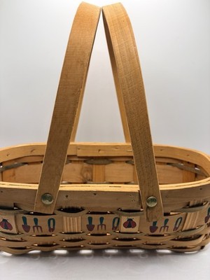 Amish Woven Basket With Painted Ladybug & Garden Tools, Movable Handles, 12x6x5 