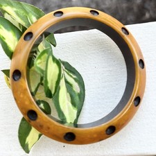 VTG Over-Dyed Polka Dot Bakelite Marbled Butterscotch Caramel Bangle Bracelet 