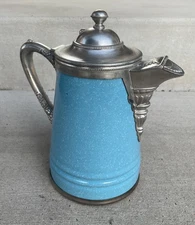 Antique Blue Granite ware Copper base tankard Teapot Manning Bowman & Co