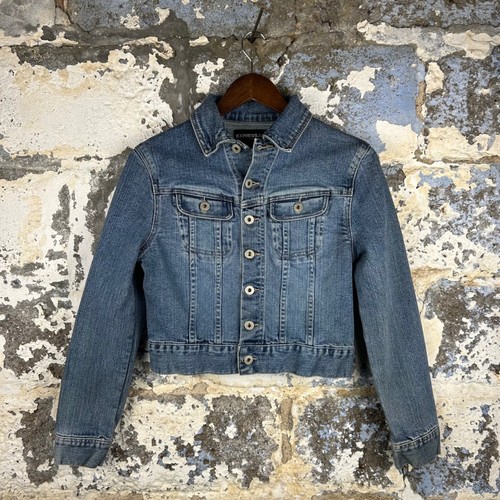 Express Jeans Stretch Denim Jean Jacket Blue Trucker Style Cropped Size San