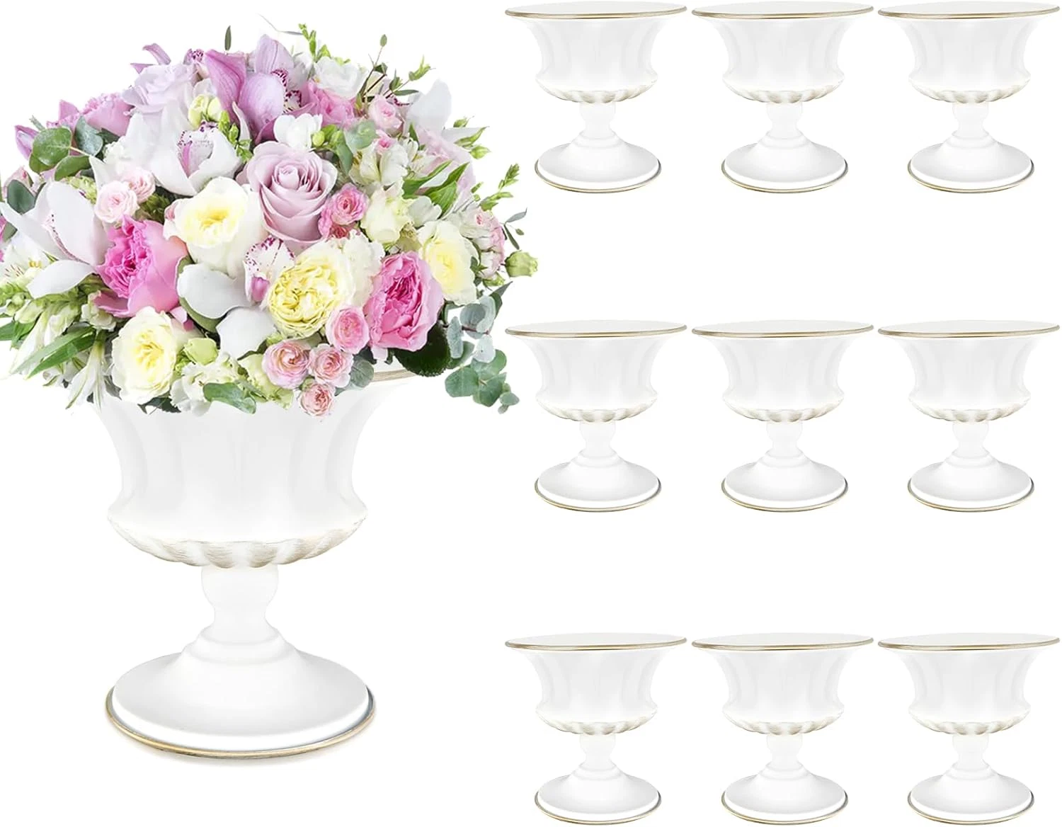 Set of 10 White Metal Pedestal Vases for Weddings and Home Centerpieces