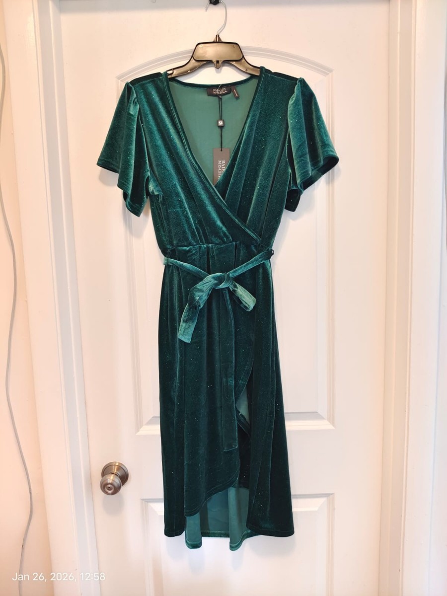 NWT Badgley Mischka Glitter Velvet Wrap Dress Midi Flutter Sleeve Green Sz PXL