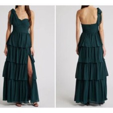 Lulu's One-Shoulder Dark Green Tiered Dress