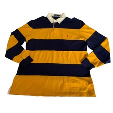 Polo Ralph Lauren Rugby Shirt Mens L Navy Yellow Striped Long Sleeve Preppy Ivy