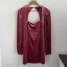 Forever 21 Long Sleeve Babydoll Pink Velour Mini Dress Squared Neckline M