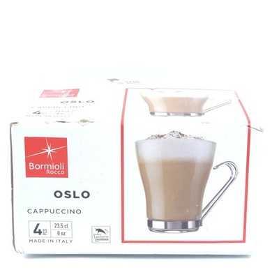 Set of 4 Bormioli Rocco Oslo Cappuccino Glass Cups/Mugs 8oz w/Stainless Handles