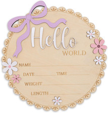 Hello World Wooden Baby Birth Announcement Sign, Pink Floral Newborn Name Date T