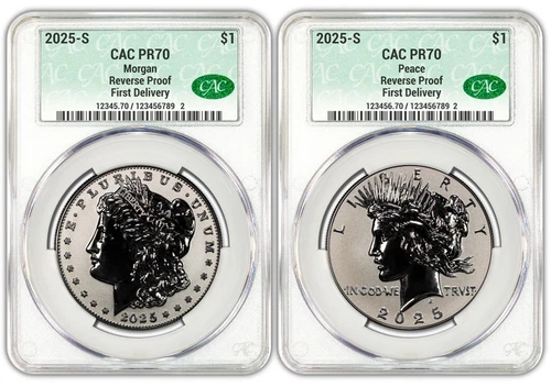 2025 S Silver Morgan & Peace Dollar Reverse Proof $1 CAC PR70 First Delivery
