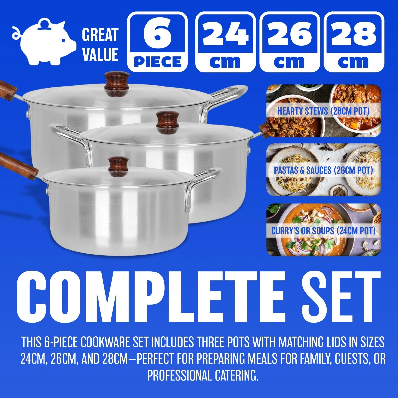 6PC LARGE ALUMINIUM COOKWARE SAUCEPANS SET WITH LIDS HANDLES STOCKPOTS KITCHEN