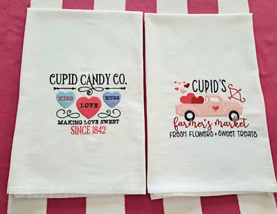 Kitchen Flour Sack Valentine's Day Towels Set Of 2 Embroidered Cupid Love Gift
