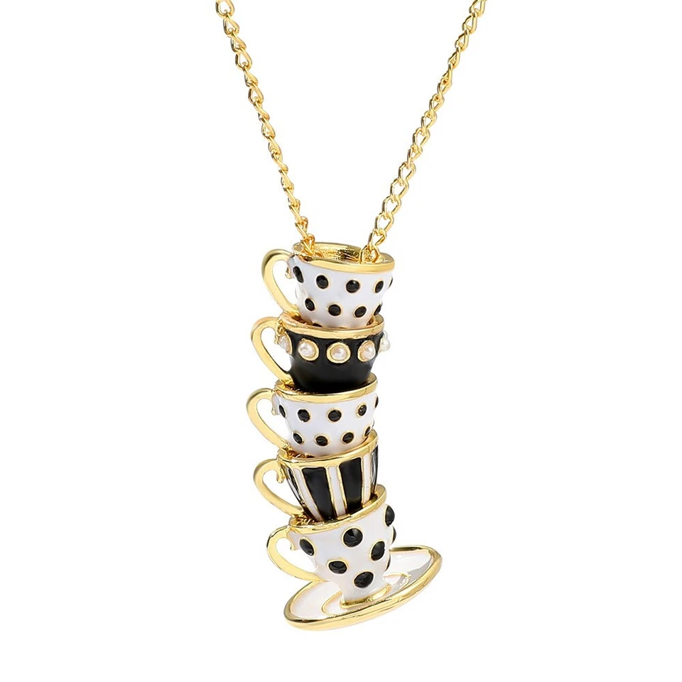 Tea Cup Necklace - Black and White - Gold Chain Enamel WHIMSICAL Stacked Teacups - Image 3 of 3