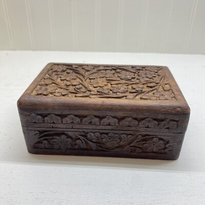 Vintage Wooden Hinged Jewelry Box Hand Carved With Floral Theme & Beveled Top