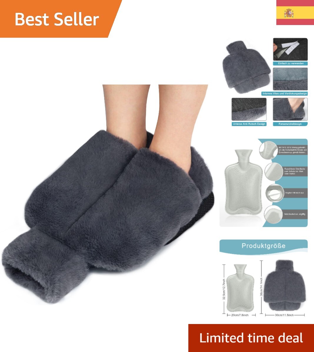Calentador de Pies Reutilizable 2L - Botella de Agua Caliente con Forro de Felpa