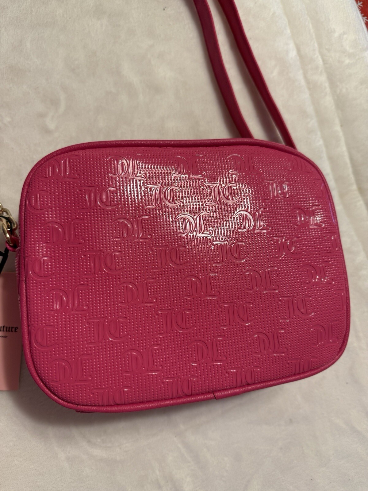 Juicy Couture Word Search Lipstick PinkCrossbody Camera Purse Bag Gold Chain image 6