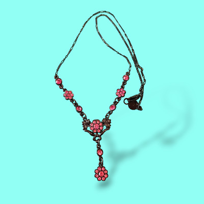 Austrian Crystal Gunmetal And Pink Rhinestone Lariat Necklace Flower