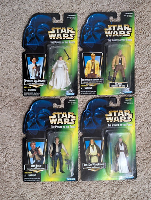 Star Wars Power of the Force Action Figures Luke, Leia, Obi-Wan, Han, Green Card