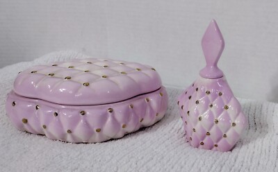 VTG Matching Vanity Set Trinket Box Perfume Bottle Porcelain Faux Quilted Pink
