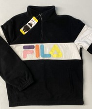 FILA Womens Fleece 1/4 Quarter Zip Pullover SMALL Pockets BLACK WHITE Vintage