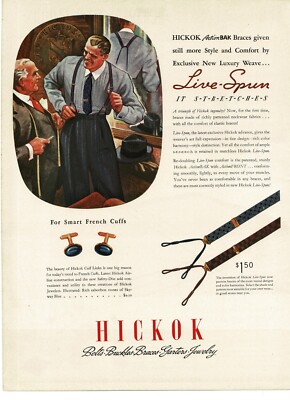 1937 Hickock Live Spun Braces Suspenders Cuff Links art Vintage Print Ad