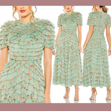 NWT Mac Duggal 8 8014 Ruffle Tiered Short Sleeve A Lien Dress Sage J1861