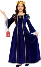 Renaissance Costume Girls Kids Blue Medieval Princess Dress Queen Gown 3-12 Yrs