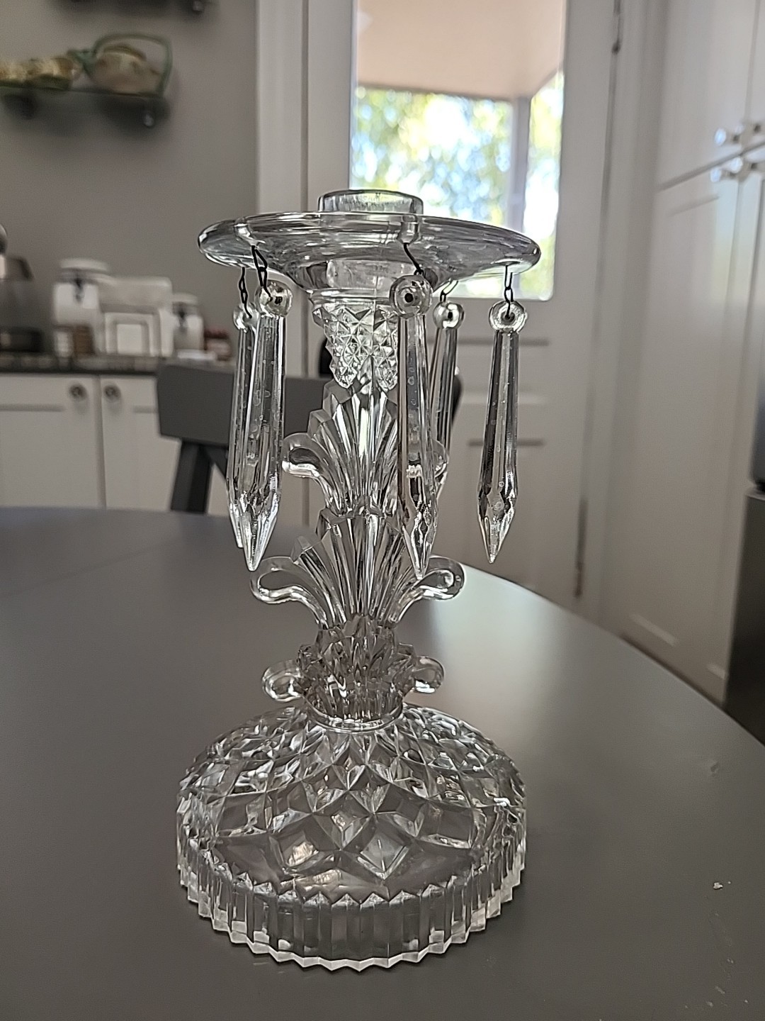 Vintage Single 174 Indiana Glass 8" Candlestick w/Attached Bobeche & 6 Prisms