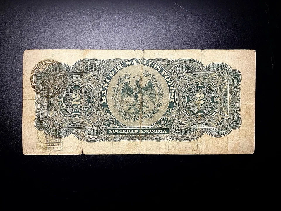 El Banco De San Luis Potosí 2 Pesos Note 1914 -Billete Antiguo Circulado - Image 2 of 2