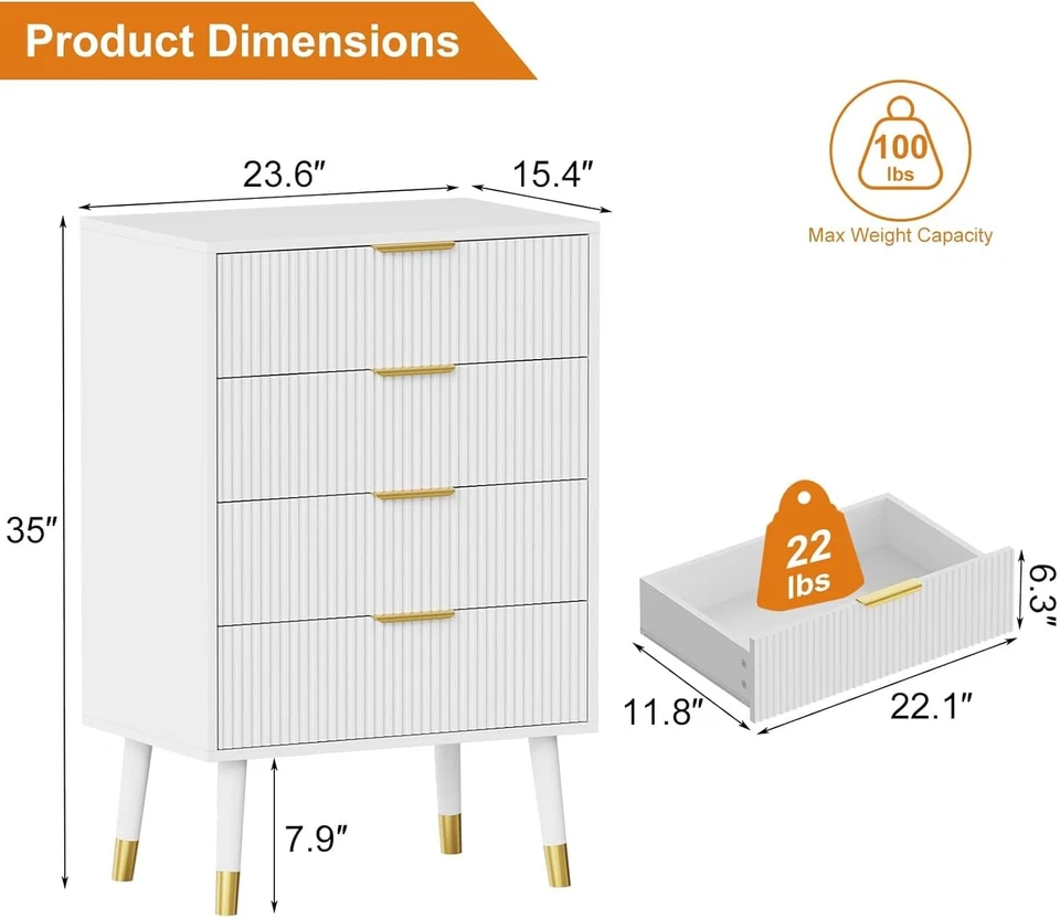 Cómoda acanalada de 4 cajones para dormitorio cómoda moderna con mango dorado Foto 4 de 4
