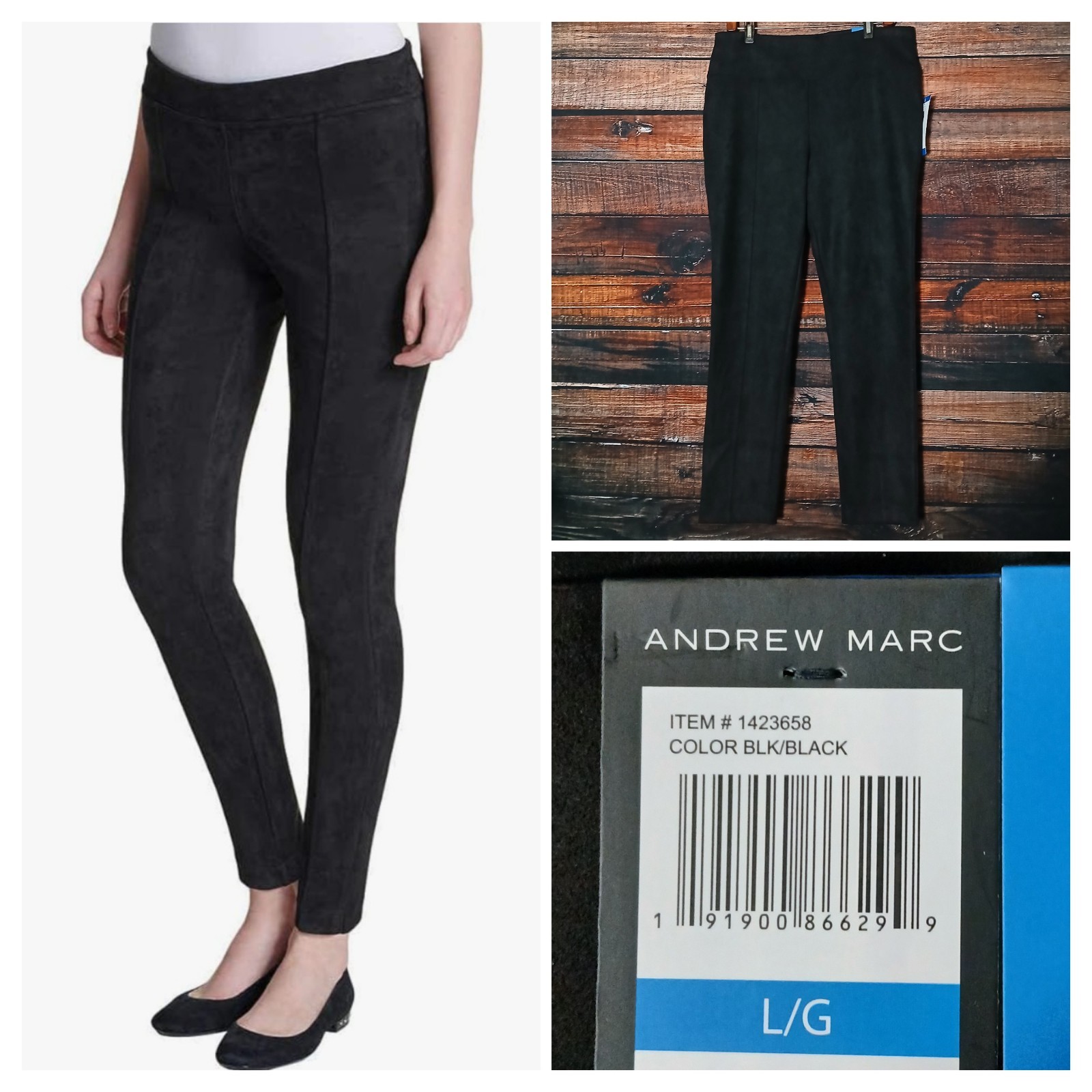 Andrew Marc Pants Size L Soft Faux Suede Pull On Leggings Black Stretch NWT 