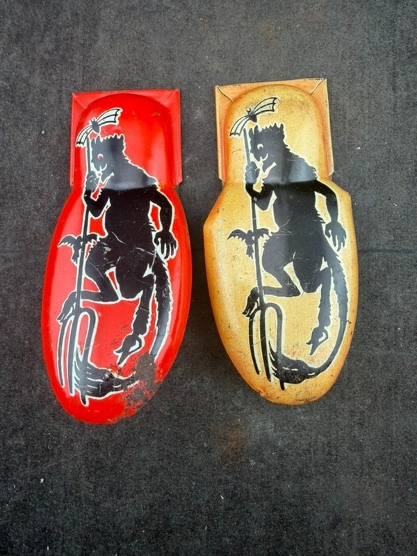 Pair of Vintage Kirchhof Newark NJ Tin Halloween Devil Satan Clicker Noisemakers