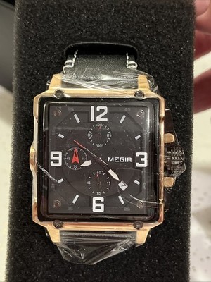 Megir Chronograph Watch Men Gold Tone Oversized Case Black Band New