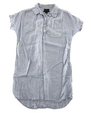 TAHARI 100% Linen Blue White Pinstripe Short Sleeve Collared Shirt Dress Large