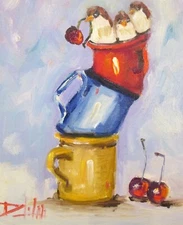 Delilah impressionist oil painting original collectible cup bird cherry